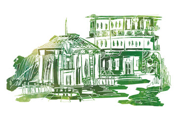 Bright beautiful old buildings for postcards in green colors. Illustration for design, print on T-shirt, booklets, postcards