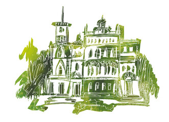 Нouse with tower and spire in green colors, old town architecture. Illustration for design, print on T-shirt, booklets, postcards