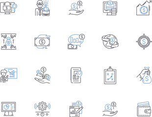 Finance, banking outline icons collection. Banking, Finance, Investment, Loans, Mortgage, Credit, Shares vector and illustration concept set. Equities, Budgeting, Taxation linear signs