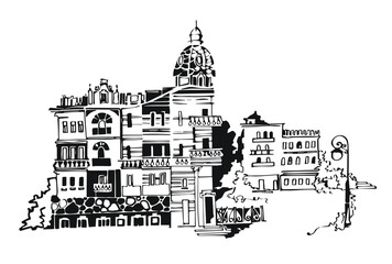 Black and white graphic illustration of a building with a small tower, a hotel, a house and a lantern in the background. Illustration for design, print on T-shirt, booklets, postcards