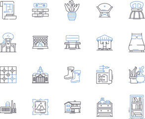 Fototapeta premium Home interior outline icons collection. Furnishings, Decor, Lighting, Paint, Sofas, Curtains, Carpets vector and illustration concept set. Chairs, Wallpaper, Mirrors linear signs