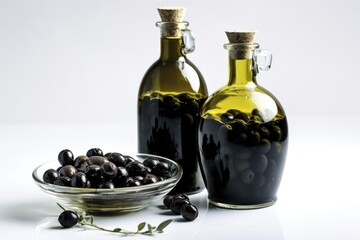 View of an olive oil and olives in a black-tinted glass container against a white backdrop. Generative AI