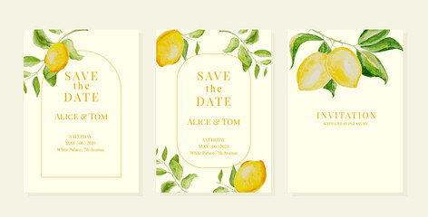 Wedding pemplates with watercolor lemon and leaves