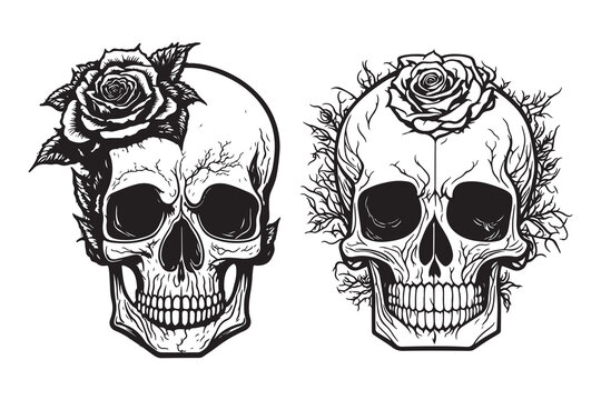 Skull With Rose Flower Black Outline Vector. Human skull with rose sketch drawing, tattoo vector illustration isolated on white background