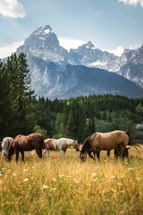 Vertical shot of horses grazing in a field in front of the Teton Mountains in Wyoming, USA