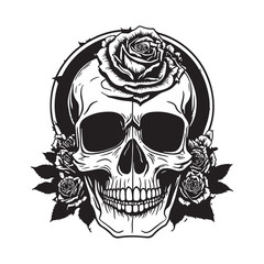 Skull With Rose Flower Black Outline Vector. Human skull with rose sketch drawing, tattoo vector illustration isolated on white background