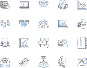 Corporation department outline icons collection. Corporate, Department, Finance, Accounting, Human Resources, Legal, Technical vector and illustration concept set. Marketing, Operations, Sales linear