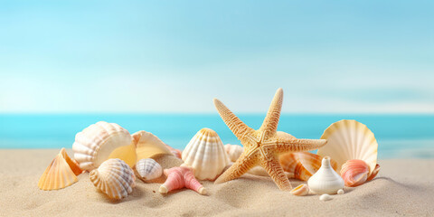 Fototapeta na wymiar Starfish and seashells on seashore - beach holiday background. Generative AI.
