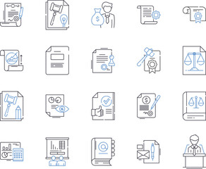 Law outline icons collection. Lawyer, Attorney, Judgement, Regulations, Punishment, Litigation, Contract vector and illustration concept set. Appeal, Dispute, Rights linear signs