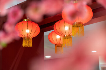 Selective focus of beautiful red lanterns decorating a park during Chinese New Year celebrations