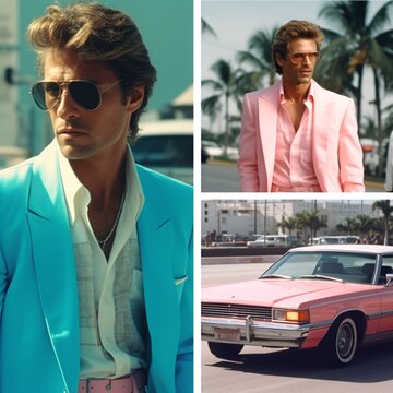 Retro wave vice Miami fashioned man. Sunset scene in Miami of 80's. Synth wave. Outrun Nostalgia Fashion Look Book. Generative ai.