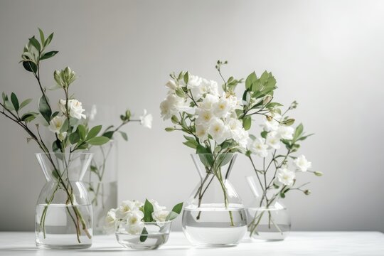 There are white flowers in a vase on a white backdrop. inside ornamentation. Generative AI