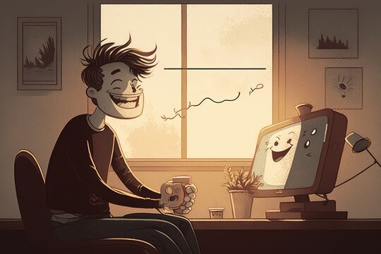 Illustration of a young man sitting in front of a computer screen and smiling