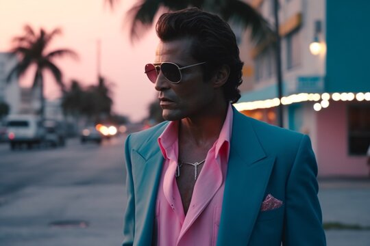 Retro wave vice Miami fashioned man in sunglasses. Sunset scene in Miami of 80's. Synth wave. Outrun Nostalgia Fashion Look Book. Generative ai.