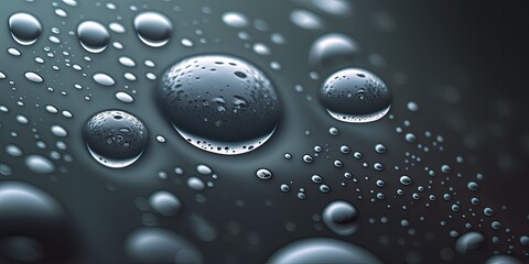 Raindrops on a gray surface after it has rained. Macroscopic photography. Close up water droplets were captured with a narrow depth of field. Background image. Generative AI
