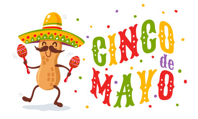 Vector illustration of peanut in sombrero for Cinco de mayo festival.