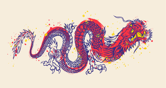 Vector illustration of a Chinese dragon. Tattoo of asian dragon on vintage background.
