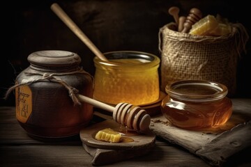 Golden honey cascades from dipper to jar, a delicious treasure in the dark. Generative AI