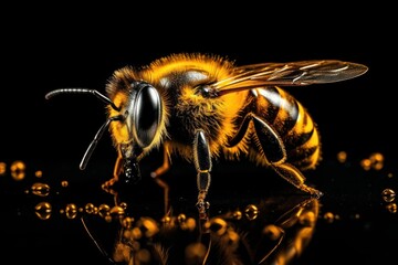 Solo honey bee shines against a dark backdrop, revealing fine details. Generative AI