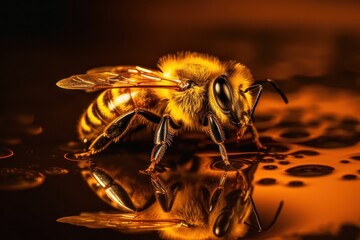 Solo honey bee shines against a dark backdrop, revealing fine details. Generative AI