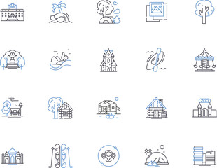 Hospitality company outline icons collection. Hotel, Inn, Lodge, Resort, B&B, Hostel, Boutique vector and illustration concept set. Vacation, Airbnb, Concierge linear signs