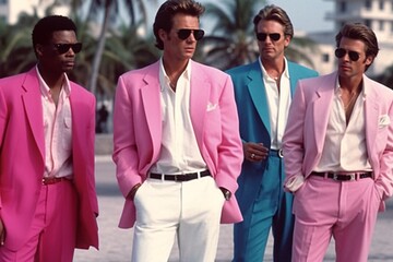 Fototapeta premium Group of retro wave vice Miami fashioned men in sunglasses. Sunset scene in Miami of 80's. Synth wave. Nostalgia Fashion Look Book. Generative ai.