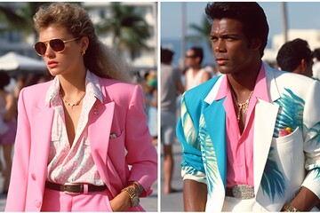 Obraz premium Retro wave vice Miami fashioned man and woman in sunglasses. Sunset scene in Miami of 80's. Synth wave. Outrun Nostalgia Fashion Look Book. Generative ai.