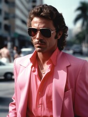 Retro wave vice Miami fashioned man in sunglasses. Sunset scene in Miami of 80's. Synth wave. Outrun Nostalgia Fashion Look Book. Generative ai.