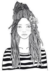 Cool yong girl in a striped sweater. Adult Coloring book page. Firs. Black and white. Black and white vector.
