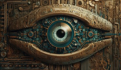 Human eye melds with circuitry, epitomizing technology's reach. Generative AI