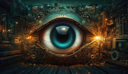 Human eye melds with circuitry, epitomizing technology's reach. Generative AI