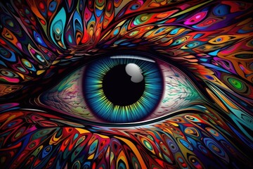 Vibrant close up of an eye, a mesmerizing blend of colors in a psychedelic design. Generative AI