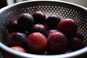 Gorgeous, juicy plums on a table in a colander. Generative AI