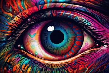 Vibrant close up of an eye, a mesmerizing blend of colors in a psychedelic design. Generative AI