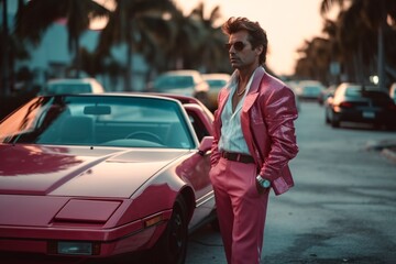 Obraz premium Retro wave vice Miami fashioned man near retro sport car. Sunset scene in Miami of 80's. Synth wave. Outrun Nostalgia Fashion Look Book. Generative ai.