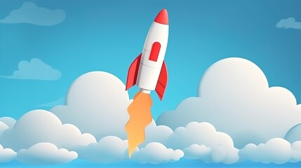 Naklejka na ściany i meble Launch of a space rocket flying between the clouds, hand drawn style, illustration style. AI generated