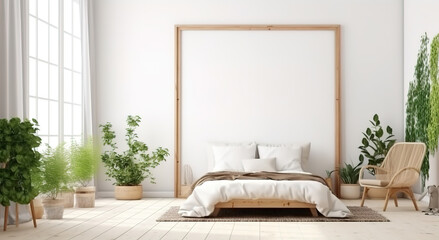 Rectangular vertical frame mockup in modern interior with plants on empty wooden floor. AI generated
