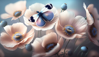 Fototapeta na wymiar Pink-blue flowers. Poppies. Butterfly on a flower. Wallpaper. Banner. Generative AI