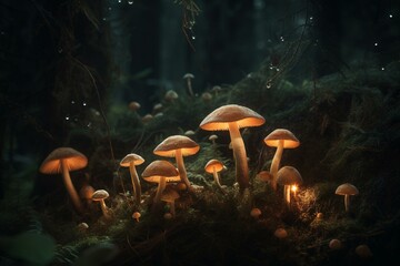 a group of mushrooms that are in the forest at night time, with glowing lights on them, and moss growing on the ground, all around them.  Generative AI