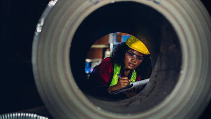 Foreman or worker work at factory site check up machine or products in site. Engineer or Technician checking Material or Machine on Plant. Industrial and Factory.