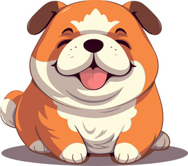 Dog cartoon illustration. Cute friendly fat chubby fawn sitting puppy, smiling with tongue out.