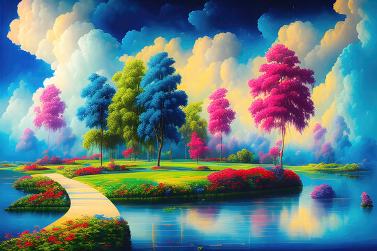 Paradise landscape with beautiful trees, gardens and flowers, magical idyllic background with many multicolored surreal trees and flowers in Eden. Generative Ai. © Cobalt