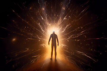 A futuristic image of a person from behind entering a vortex portal or energy portal or merging with artificial intelligence or entering into contact with a pulsating extraterrestrial light