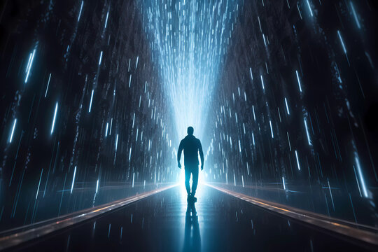 A futuristic image of a person from behind entering a vortex portal or energy portal or merging with artificial intelligence or entering into contact with a pulsating extraterrestrial light