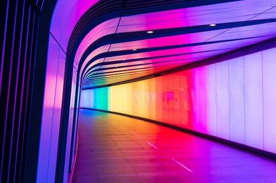 Fototapeta Modern futuristic open-road tunnel illuminated with colorful lights