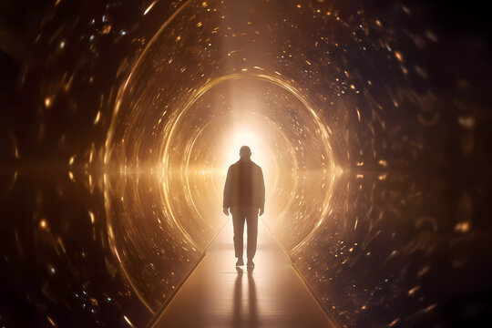 A futuristic image of a person from behind entering a vortex portal or energy portal or merging with artificial intelligence or entering into contact with a pulsating extraterrestrial light