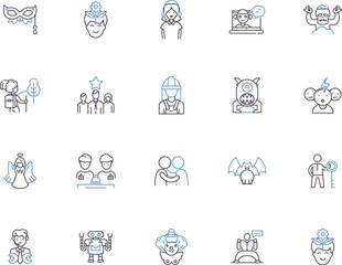 Fototapeta premium People management outline icons collection. People, Management, Strategy, Engagement, Performance, Mentoring, Recruitment vector and illustration concept set. Negotiation, Training, Retention linear