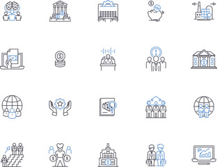 Global business outline icons collection. International, Commerce, Management, Economy, Intercontinental, Investment, Transnational vector and illustration concept set. Trade, Strategies, Cross-border
