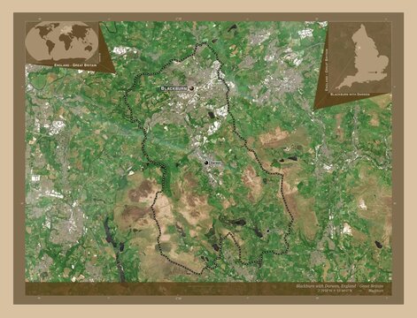 Blackburn with Darwen, England - Great Britain. Low-res satellite. Labelled points of cities