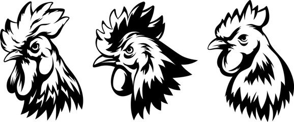 Head of rooster set. Cock abstract character illustration. Graphic logo designs template for emblem. Image of portrait for company use.